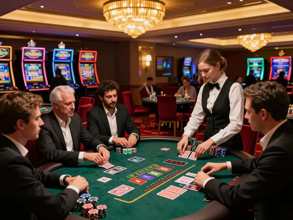 Playing blackjack at keonhacaii with focused players and vibrant casino atmosphere.