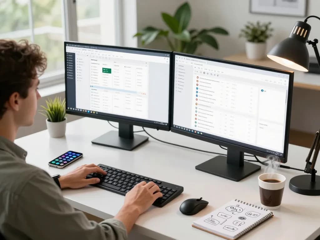 Enhance your productivity with tech gadgets for productivity in a well-designed workspace, featuring dual monitors and essential accessories.