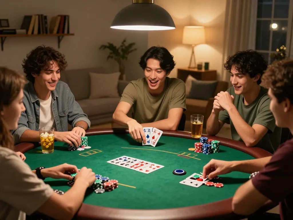 Friends engaging in a poker game featuring slot pulsa excitement at a cozy home setup.