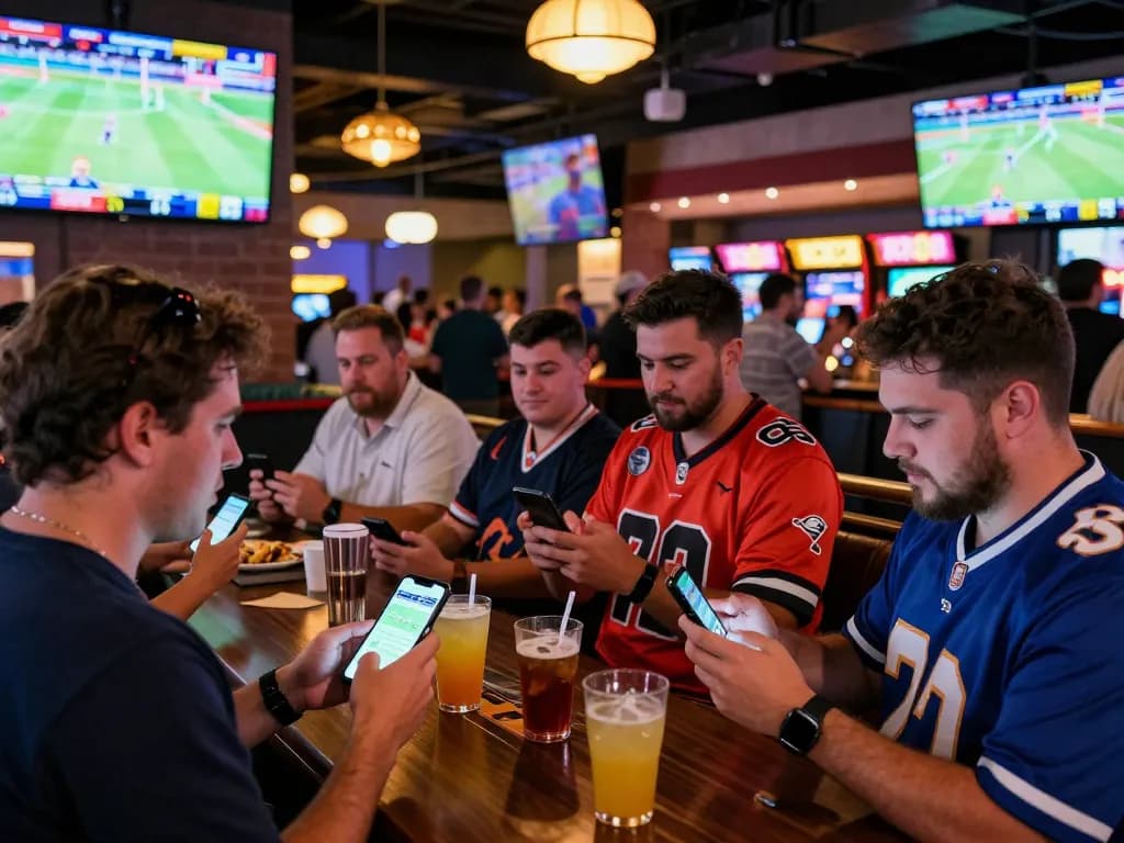 Patrons enjoying live sports betting and engaging with RR88 app at a vibrant casino.