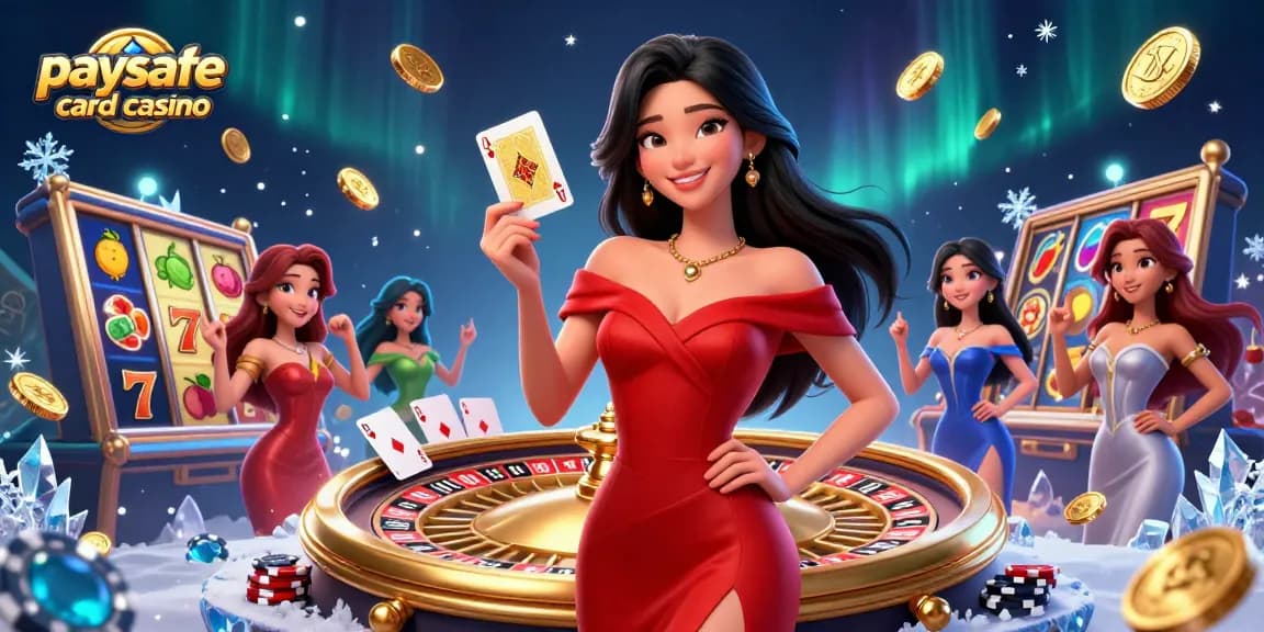 Ansprechende Paysafe Card Casino-Szene mit einer selbstbewussten Frau mit Karten, Spielautomaten und Casino-Elementen.