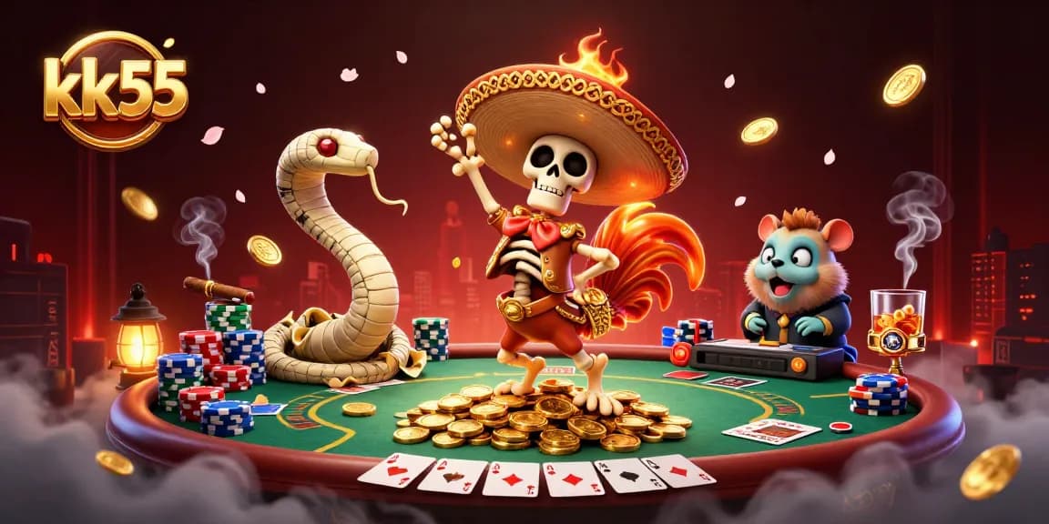 Experience dynamic gameplay at kk55 with vibrant casino characters surrounded by poker elements.