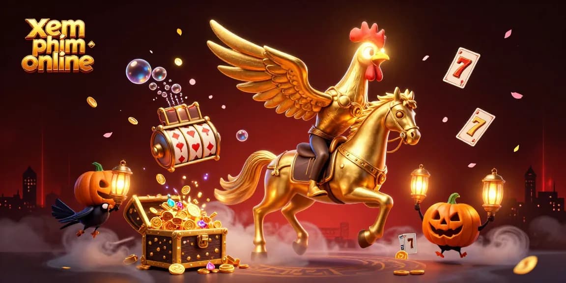 Xem phim online treasure hunt at a vibrant casino with a golden rooster riding a spectral horse.