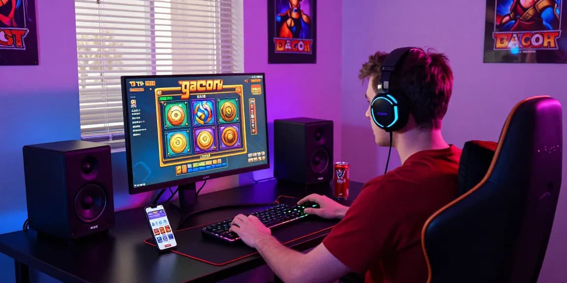 Engaged player enjoying slot gacor games on vibrant gaming setup with ambient neon lights.