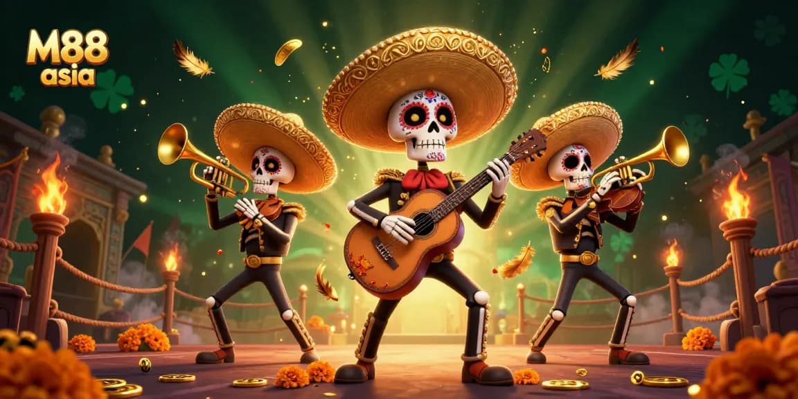 Experience the thrill of M88 asia with a vibrant 3D illustration of a festive mariachi band in a dynamic casino scene.