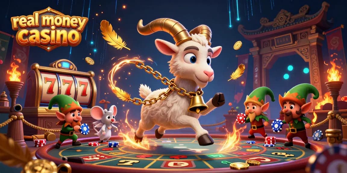Engaging scene of a real money casino led by a Krampus goat, showcasing festive chaos and thrilling gameplay.
