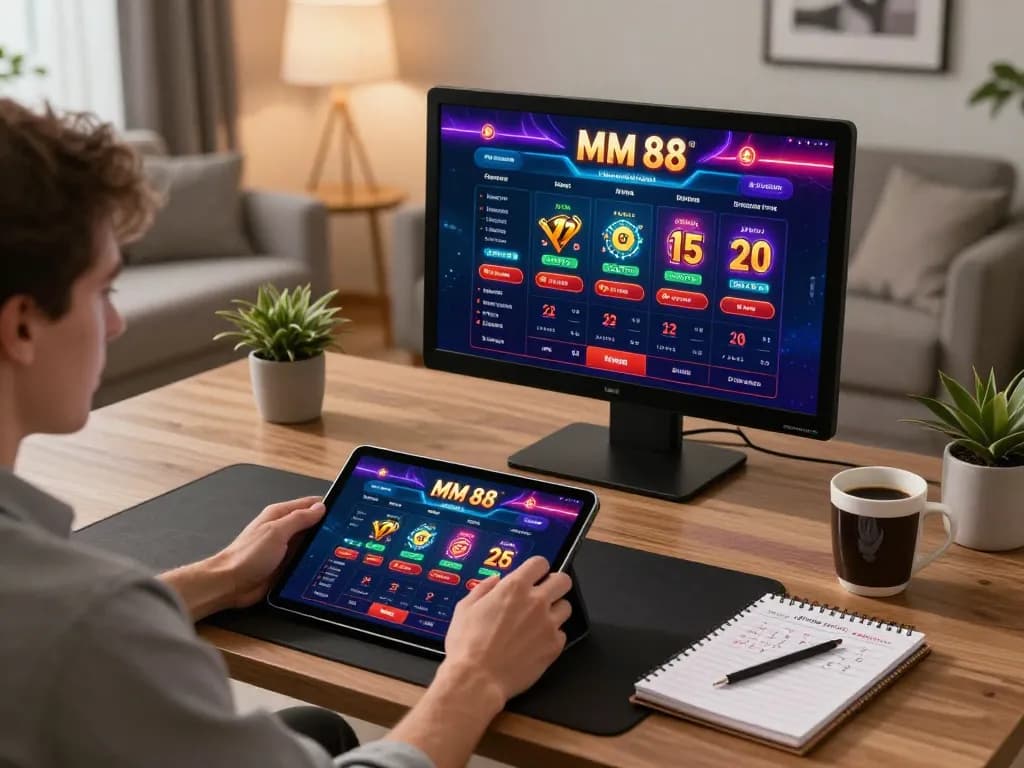 An individual enjoying poker on MM 88 tablet game at home, showcasing a strategic gambling setup.