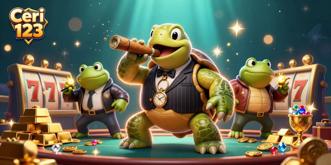 Ceri 123 offers thrilling slot adventures with a cartoon turtle mobster surrounded by slots and treasures.