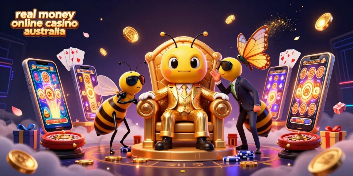 This dynamic scene showcases a bumblebee mob boss in a golden suit in a real money online casino australia atmosphere, surrounded by game elements.