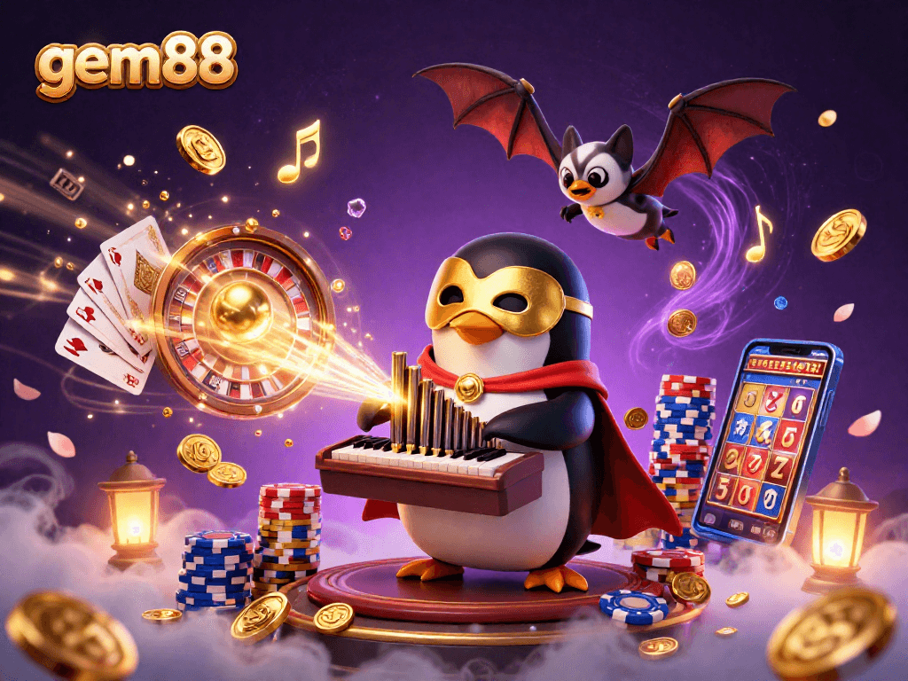 Experience gem88 excitement through a 3D illustration showcasing a penguin playing an organ with golden coins.