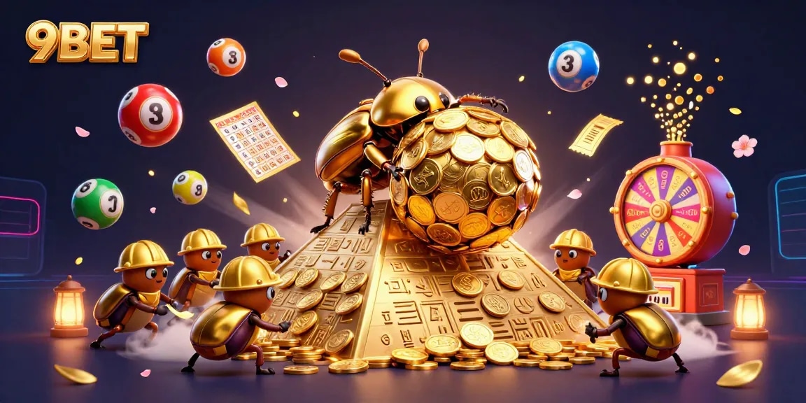 Engaging scene of 9BET with a golden beetle and lottery elements, promoting fun casino gameplay