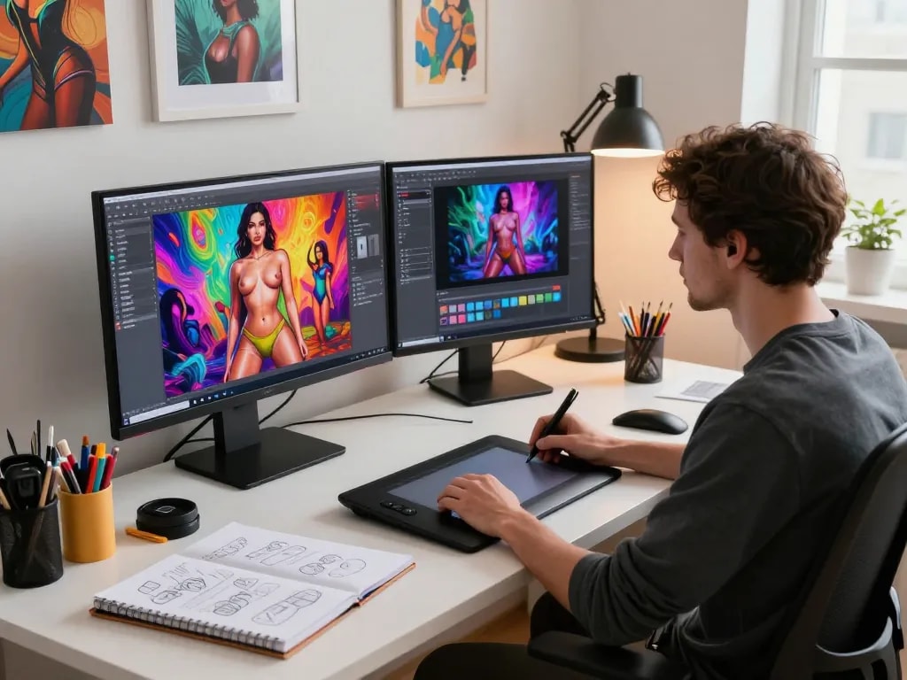 Creative professional designing AI porn visuals in a modern digital art studio.