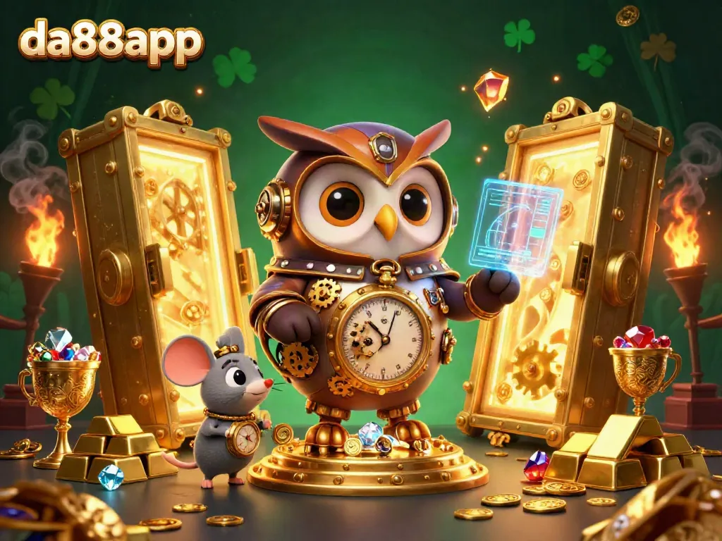 Engage with da88app in a dazzling casino scene featuring a steampunk owl with treasures.