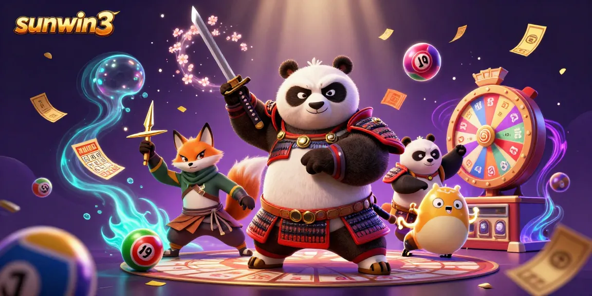 Engage with sunwin3 as the fierce panda samurai and companions celebrate a jackpot with vibrant lottery elements.