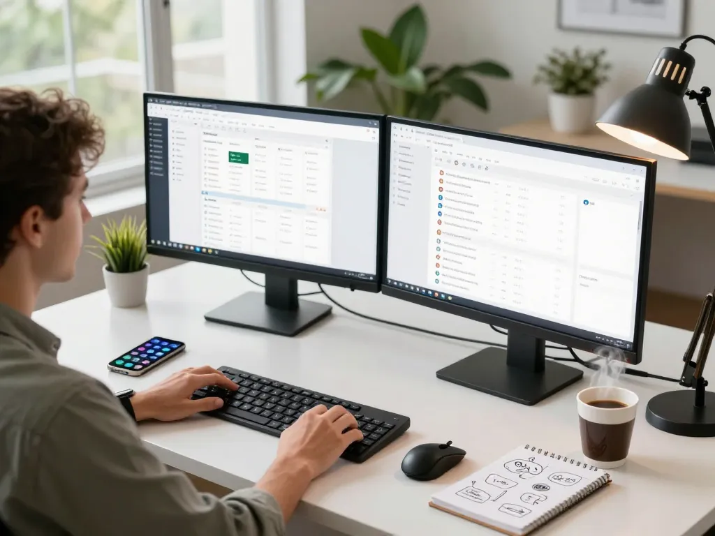 Enhance your productivity with tech gadgets for productivity in a well-designed workspace, featuring dual monitors and essential accessories.