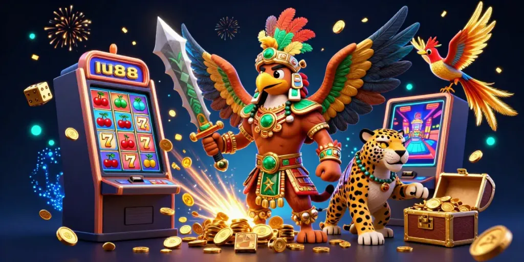 Experience the vivid excitement of lu88's online casino action with a dynamic 3D scene bursting with slot machine jackpots and vibrant game elements.