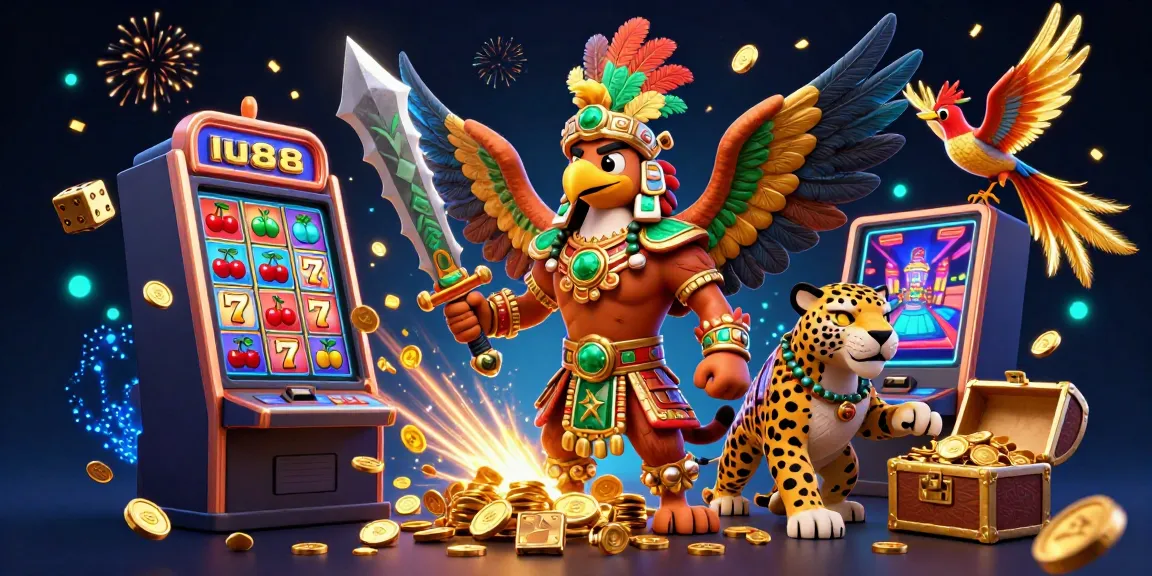 Experience the vivid excitement of lu88's online casino action with a dynamic 3D scene bursting with slot machine jackpots and vibrant game elements.