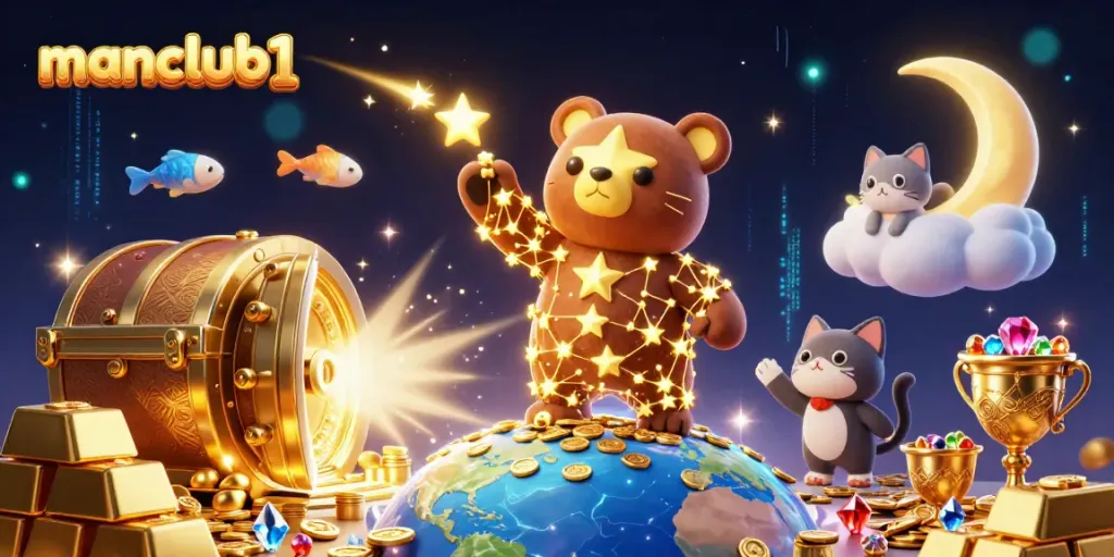 Experience vibrant wins at manclub1 with a starry bear gathering coins from a magical scene.