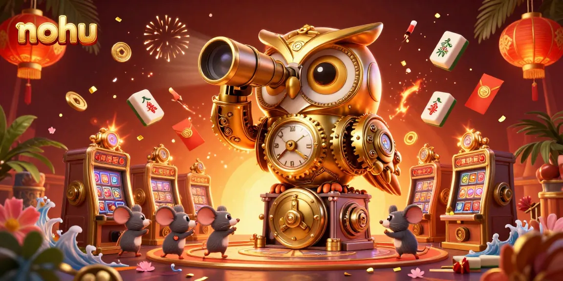 Nohu brings excitement with a clockwork owl scanning a vibrant casino filled with golden casino elements.