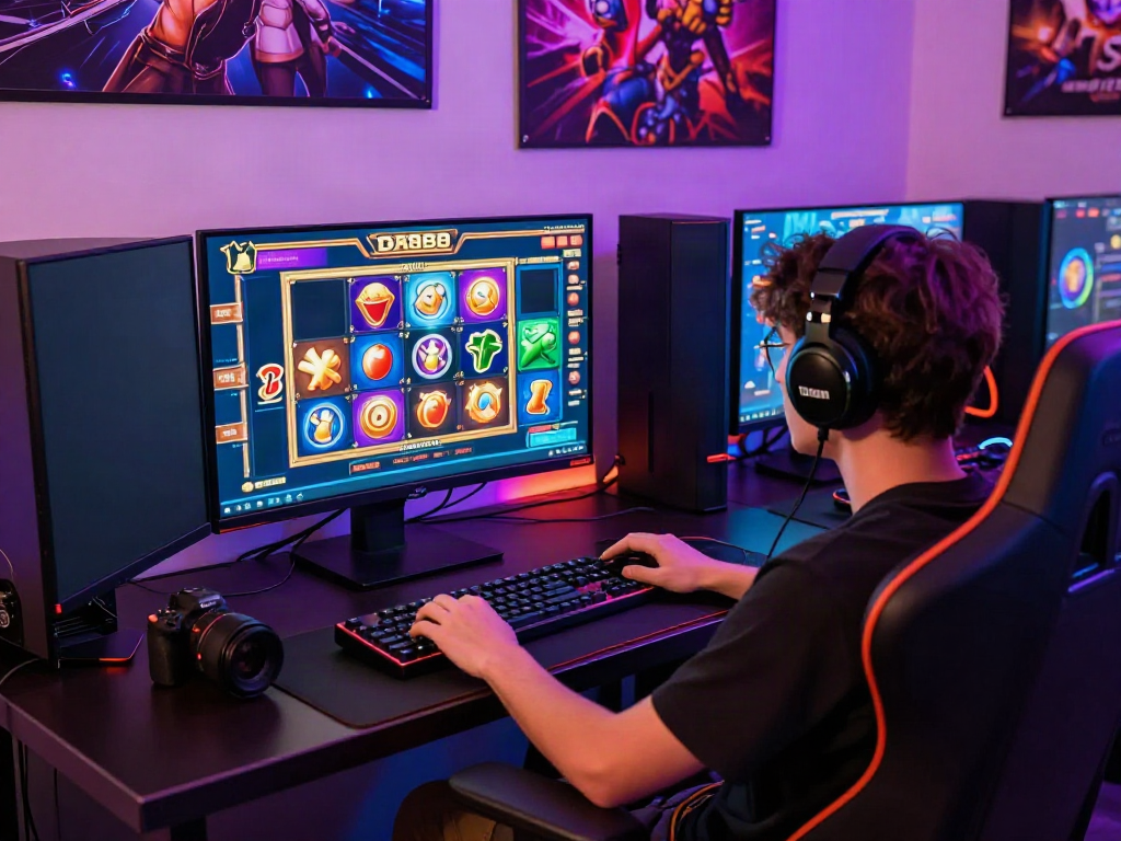 Engaging DA88 slot game experience with player immersed in colorful graphics and gaming accessories.