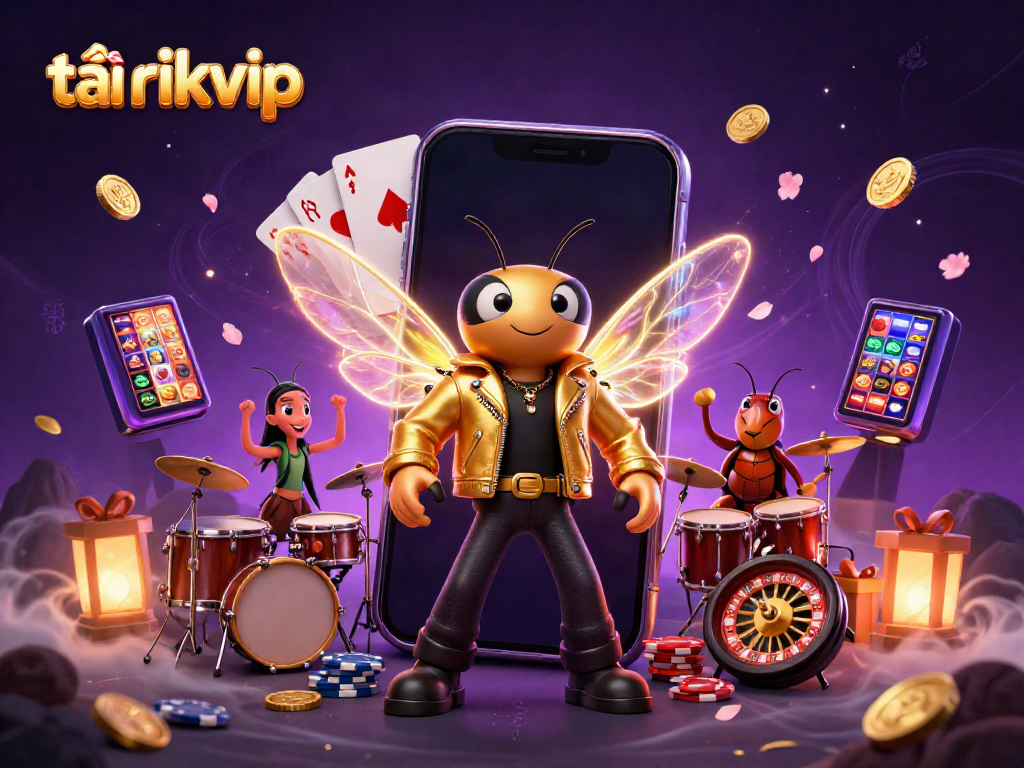 Enjoy the thrill of tải rikvip with a vibrant 3D scene featuring a rock star cicada and gaming elements.