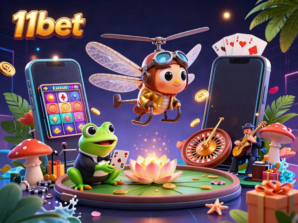 Experience the vibrant casino scene with 11bet, featuring a dragonfly pilot and frog dealing cards.
