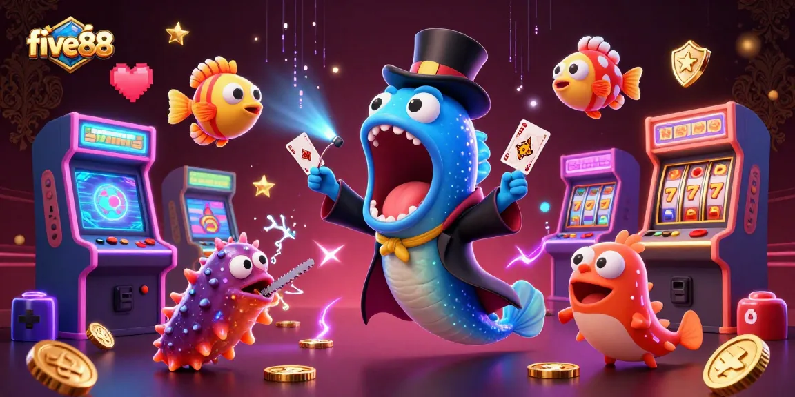Experience the magic of five88 with a vibrant underwater casino scene featuring dynamic characters and games.