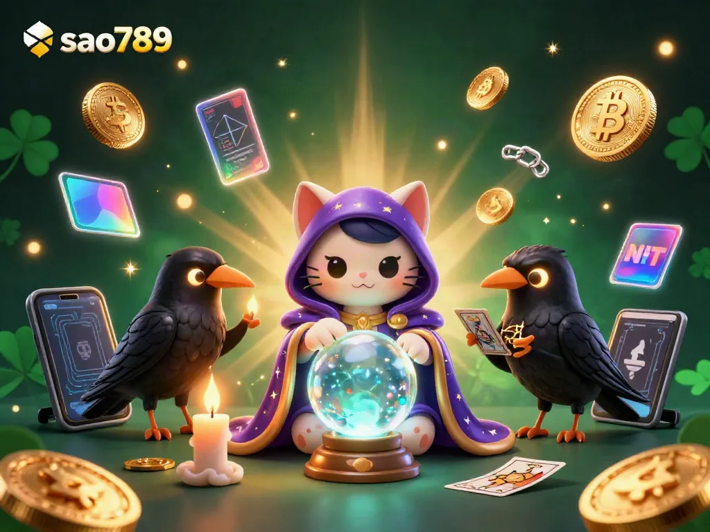 Join the fun at sao789 with a vibrant casino scene featuring a mystic cat and a tarot raven.