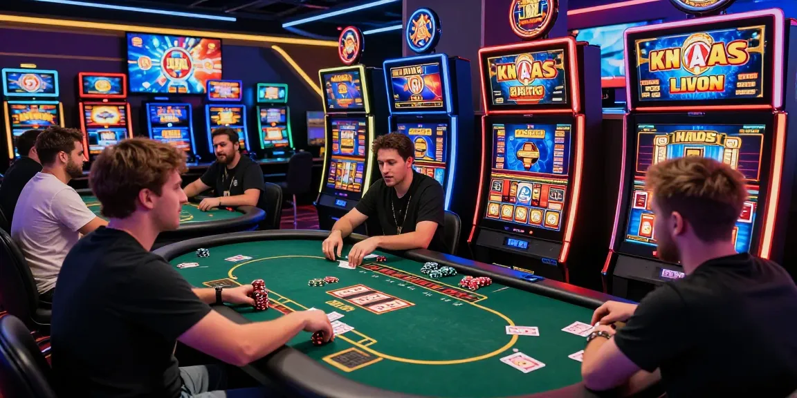 Casinò non AAMS: Giocatori entusiasti che si godono un vivace casinò online con giochi dal vivo e interfacce digitali.