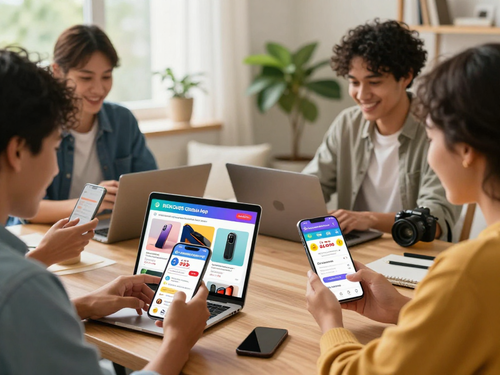 Shop for electronics and gadgets with ROKOK88 in a lively home setting, showcasing discounts and interactive comparisons.