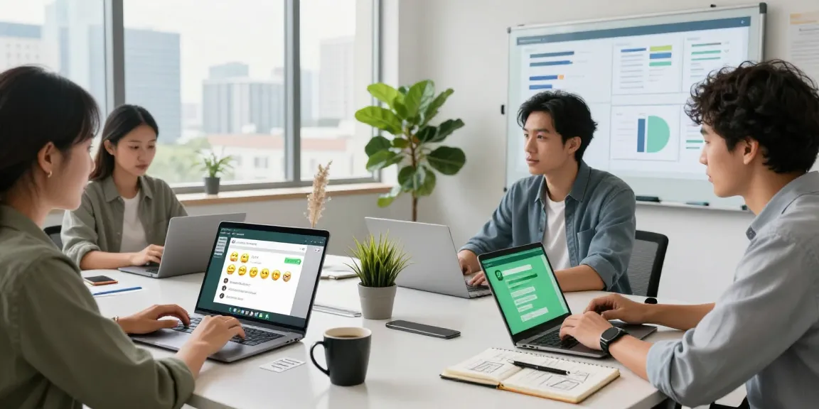 Team collaborating using WhatsApp網頁版 in a modern workspace.