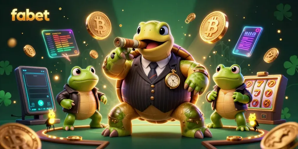 Experience thrilling action at fabet with a 3D cartoon turtle mobster, Bitcoin, and slot elements.