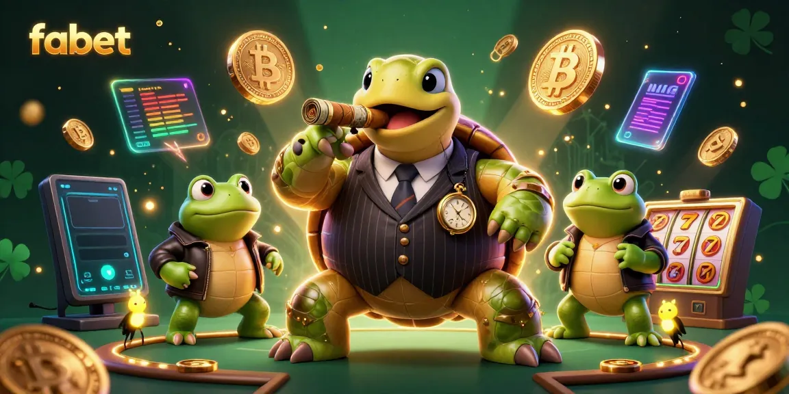 Experience thrilling action at fabet with a 3D cartoon turtle mobster, Bitcoin, and slot elements.