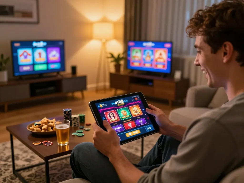 Player enjoying rr88 online casino on a tablet in a cozy living room setting.