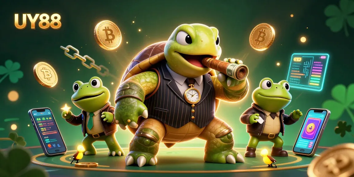 Join the UY88 adventure with a snapping turtle mobster and bullfrog enforcers in a vibrant casino illustration.