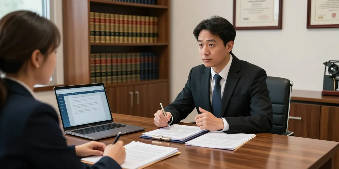 Lawyer consulting with a client about legal matters using weblink technology in a professional office.