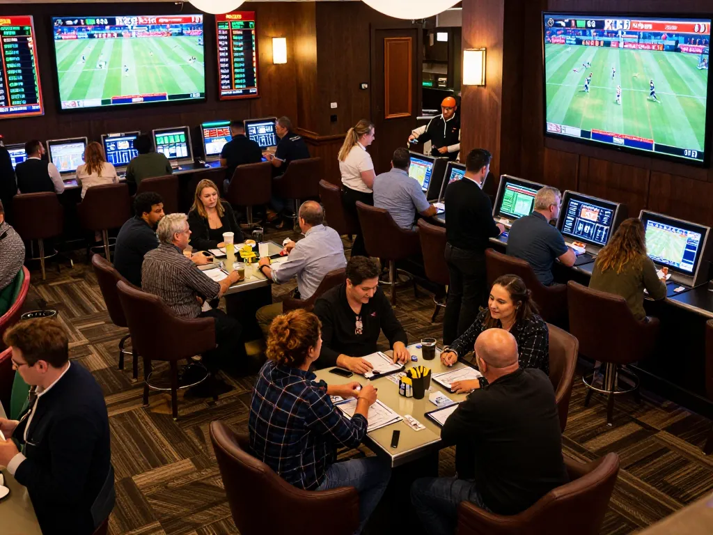 Experience the excitement of sports betting at XX 88 with engaged players and live screens.