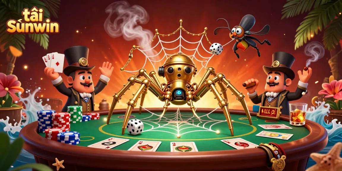 Spin and win with tải sunwin, featuring a dynamic casino scene with a steampunk spider and poker elements.