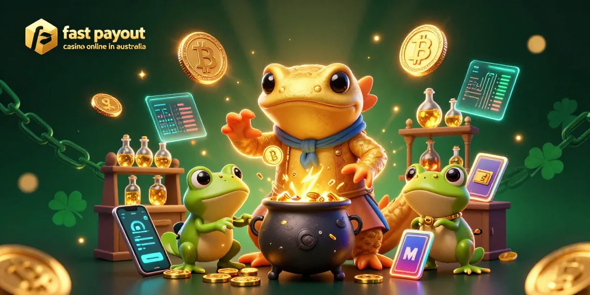 Unlock wins at a fast payout casino online in Australia with this vibrant scene featuring a golden salamander alchemist.