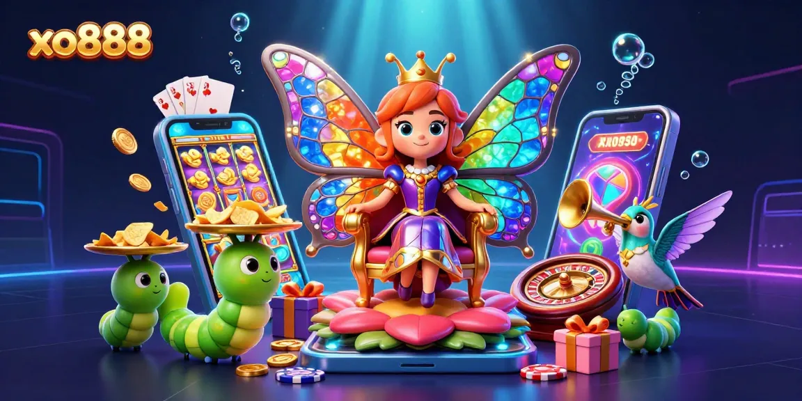 Experience the thrill of xo888 with a vibrant 3D gaming illustration featuring a regal butterfly queen.