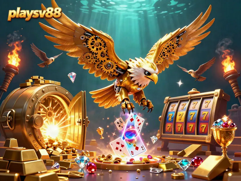 Engage in exciting gameplay with playsv88, featuring a golden eagle amidst holographic cards and dazzling treasures.