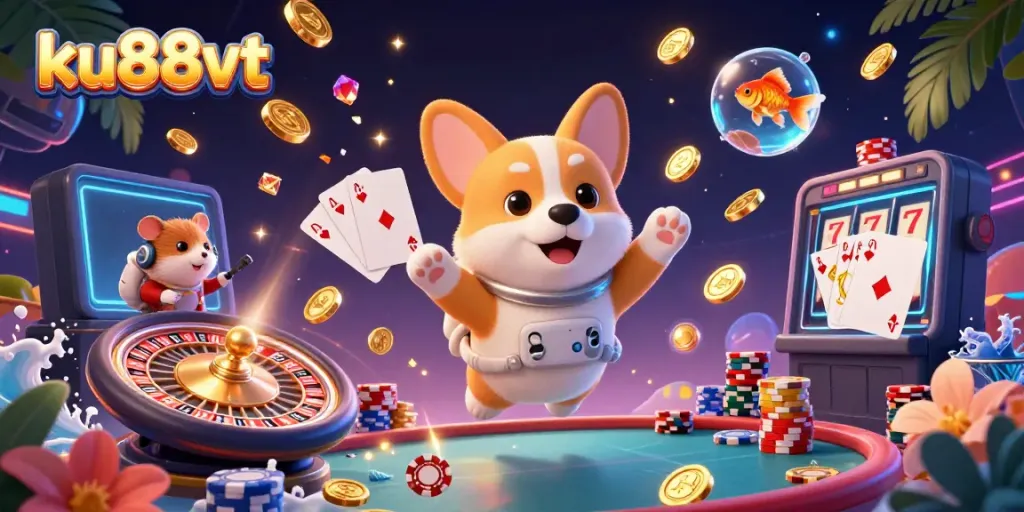Engage with ku88vt's vibrant casino atmosphere featuring an astronaut corgi and animated characters.