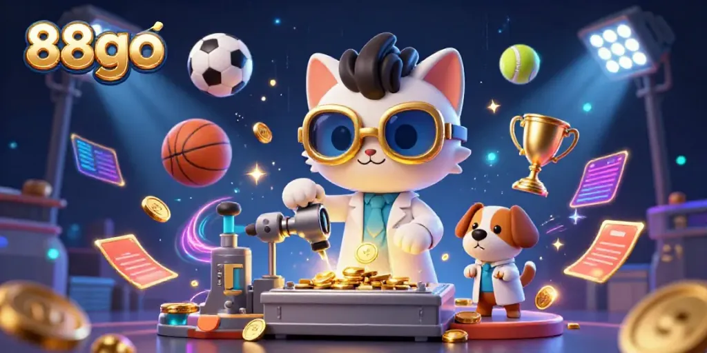 Engage with 88go in this vibrant scene showcasing an energetic gaming environment filled with gold coins and sports elements.