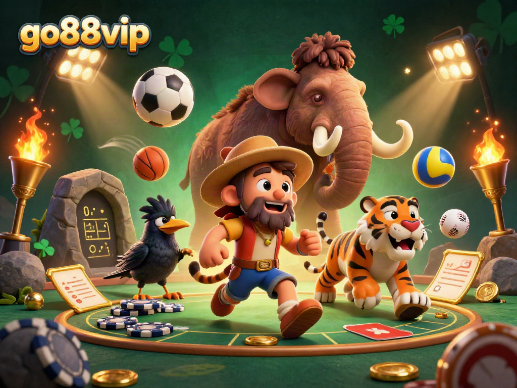 Experience the excitement of go88vip with dynamic sports elements and lively casino characters in an engaging scene.
