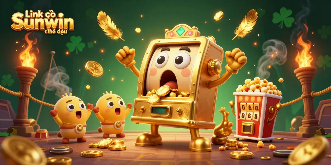Spin the reels with Link vào Sunwin chính thức as the golden slot machine wins, surrounded by cheering allies and dynamic casino elements.