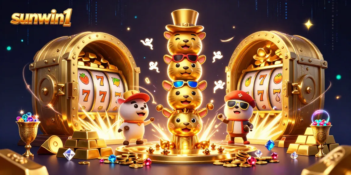 Engage with sunwin1's vibrant gaming scene featuring a colorful totem pole and slot reels.