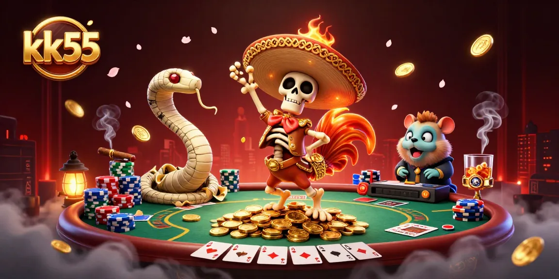 Experience dynamic gameplay at kk55 with vibrant casino characters surrounded by poker elements.