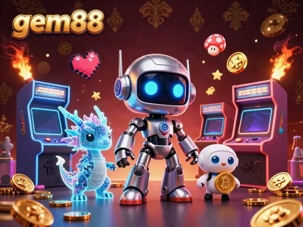 Engage in thrilling gameplay with gem88's vibrant 3D casino scene featuring robots, game machines, and dynamic elements.