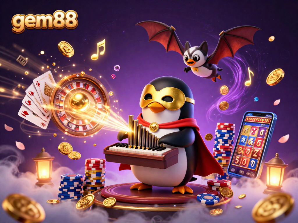 Experience gem88 excitement through a 3D illustration showcasing a penguin playing an organ with golden coins.