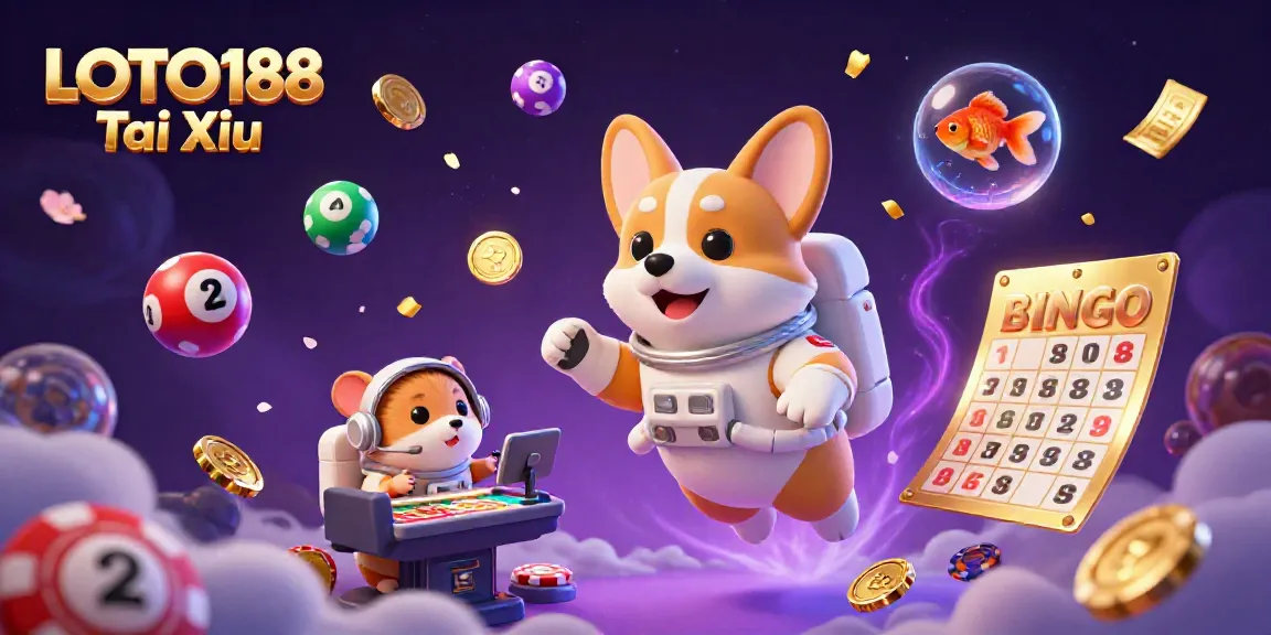 Engage with LOTO188 Tai Xiu in this vibrant casino scene featuring a floating astronaut corgi, colorful lottery elements, and dynamic gaming ambiance.